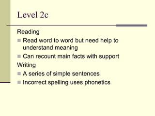 Level 2c
Reading
 Read word to word but need help to
understand meaning
 Can recount main facts with support
Writing
 A...