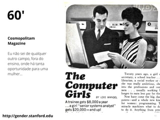 10
60'
Cosmopolitam
Magazine
Eu não sei de qualquer
outro campo, fora do
ensino, onde há tanta
oportunidade para uma
mulher...
http://gender.stanford.edu
 