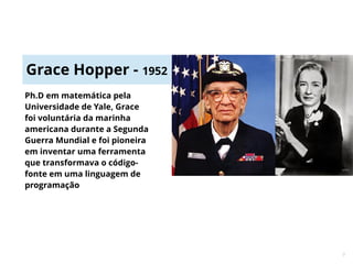 9
c
Ph.D em matemática pela
Universidade de Yale, Grace
foi voluntária da marinha
americana durante a Segunda
Guerra Mundial e foi pioneira
em inventar uma ferramenta
que transformava o código-
fonte em uma linguagem de
programação
Grace Hopper - 1952
 