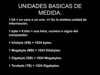 UNIDADES BASICAS DE MEDIDA:1 bit = un cero o un uno. => Es la mínima unidad de información.1 byte = 8 bits = una letra, numero o signo del computador. 1 kilobyte (KB) = 1024 bytes.1 Megabyte (MB) = 1024 Kilobytes.1 Gigabyte (GB) = 1024 Megabytes.1 Terabyte (TB) = 1024 Gigabytes.