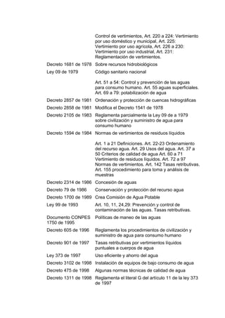 Control de vertimientos, Art. 220 a 224: Vertimiento
                       por uso doméstico y municipal, Art. 225:
                       Vertimiento por uso agrícola, Art. 226 a 230:
                       Vertimiento por uso industrial, Art. 231:
                       Reglamentación de vertimientos.
Decreto 1681 de 1978 Sobre recursos hidrobiológicos
Ley 09 de 1979         Código sanitario nacional

                       Art. 51 a 54: Control y prevención de las aguas
                       para consumo humano. Art. 55 aguas superficiales.
                       Art. 69 a 79: potabilización de agua
Decreto 2857 de 1981 Ordenación y protección de cuencas hidrográficas
Decreto 2858 de 1981 Modifica el Decreto 1541 de 1978
Decreto 2105 de 1983 Reglamenta parcialmente la Ley 09 de a 1979
                     sobre civilización y suministro de agua para
                     consumo humano
Decreto 1594 de 1984 Normas de vertimientos de residuos líquidos

                       Art. 1 a 21 Definiciones. Art. 22-23 Ordenamiento
                       del recurso agua. Art. 29 Usos del agua. Art. 37 a
                       50 Criterios de calidad de agua Art. 60 a 71
                       Vertimiento de residuos líquidos. Art. 72 a 97
                       Normas de vertimientos. Art. 142 Tasas retributivas.
                       Art. 155 procedimiento para toma y análisis de
                       muestras
Decreto 2314 de 1986 Concesión de aguas
Decreto 79 de 1986     Conservación y protección del recurso agua
Decreto 1700 de 1989 Crea Comisión de Agua Potable
Ley 99 de 1993         Art. 10, 11, 24,29: Prevención y control de
                       contaminación de las aguas. Tasas retributivas.
Documento CONPES       Políticas de maneo de las aguas
1750 de 1995
Decreto 605 de 1996    Reglamenta los procedimientos de civilización y
                       suministro de agua para consumo humano
Decreto 901 de 1997    Tasas retributivas por vertimientos líquidos
                       puntuales a cuerpos de agua
Ley 373 de 1997        Uso eficiente y ahorro del agua
Decreto 3102 de 1998 Instalación de equipos de bajo consumo de agua
Decreto 475 de 1998    Algunas normas técnicas de calidad de agua
Decreto 1311 de 1998 Reglamenta el literal G del artículo 11 de la ley 373
                     de 1997
 