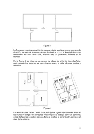 Figura 3

La figura nos muestra una vivienda con una planta que tiene pocos muros en la
dirección transversal y no cumple con la simetría ni con la longitud de muros
confinados; no hay cierre total, además hay un paramento saliente en la
fachada

En la figura 4, se observa un ejemplo de planta de vivienda bien diseñada,
conformando los espacios de una vivienda como la sala, alcobas, cocina y
servicios.




                                   Figura 4

Las edificaciones deben tener unos diafragmas rígidos que amarren entre sí
los muros de carga y los divisorios y los obliguen a trabajar como un conjunto;
estos diafragmas se deben colocar, tanto a nivel de la cimentación, como en el
nivel de la cubierta.



                                                                            11
 