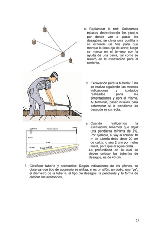 c. Replantear la red: Colocamos
                                           estacas determinando los puntos
                                           por donde van a pasar los
                                           desagües; se clava una puntilla y
                                           se extiende un hilo para que
                                           marque la línea eje de corte; luego
                                           se marca en el terreno con la
                                           ayuda de una barra, tal como se
                                           realizó en la excavación para el
                                           cimiento.




                                          d. Excavación para la tubería: Esta
                                             se realiza siguiendo las mismas
                                             indicaciones      y     cuidados
                                             realizados        para        las
                                             cimentaciones y con el mismo.
                                             Al terminar, pasar niveles para
                                             determinar si la pendiente de
                                             desagüe es correcta.



                                          e. Cuando         realicemos       la
                                             excavación, tenemos que dejar
                                             una pendiente mínima de 2%.
                                             Por ejemplo, si voy a colocar 10
                                             m de tubería debo dejar 20 cm
                                             de caída, o sea 2 cm por metro
                                             lineal, para que el agua corra.
                                            La profundidad en la cual se
                                            deben colocar las tuberías de
                                            desagüe, es de 40 cm

f. Clasificar tubería y accesorios: Según indicaciones de los planos, se
   observa que tipo de accesorio se utiliza, si es un sifón, un codo, una “ye”,
   el diámetro de la tubería, el tipo de desagüe, la pendiente y la forma de
   colocar los accesorios.




                                                                             25
 