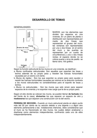 DESARROLLO DE TEMAS

GENERALIDADES

                                             MUROS: son los elementos que
                                             dividen los espacios en una
                                             vivienda. En un plano de planta o
                                             distribución son representados por
                                             medio de dos líneas que
                                             representan el grueso del muro,
                                             las ventanas son representadas
                                             por una o dos líneas en el centro
                                             del muro y las puertas se
                                             representan por un cuarto de
                                             circunferencia y una o dos líneas
                                             rectas; el espacio donde no se
                                             coloca puerta y sirve de pasillo se
                                             llama vano. Ver gráfico.


Según la función estructural de los muros en una vivienda, se clasifican :
a. Muros confinados estructurales: Son aquellos que soportan las losas y
 techos además de su propio peso y resisten las fuerzas horizontales
 causadas por un sismo o el viento.
b. Muros de rigidez : Son los que soportan su propio peso pero ayudan a
 resistir las fuerzas horizontales causadas por sismos en la dirección contraria
 a los muros estructurales no considerándose para el soporte de losas y
 techos.
c. Muros no estructurales : Son los muros que solo sirven para separar
 espacios de la vivienda y no soportan mas carga que la de su propio peso.

Según el sitio donde se colocan los muros, se pueden llamar de fachada (los
del frente de la casa), divisorios los que separan un espacio de otro y
medianeros los que separan una construcción con la del vecino.

PERDIDA DE SECCION - Cuando un muro estructural pierda en algún punto
más del 50 por ciento de su sección debido a una bajante o a algún otro
elemento perteneciente a las instalaciones interiores, debe considerarse que
el muro se ha fraccionado en dos muros, los cuales deben analizarse y
diseñarse como elementos independientes, confinando cada uno de ellos
independientemente.




                                                                               9
 
