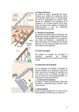 E. Armar estructura
Se realiza el corte y figuración del acero.
Coloque las varillas de resistencia sobre
unas panelas para formar el recubrimiento
tal como lo especifiquen los planos; éstas
barras van ancladas en el arranque de la
escalera y en la parte superior de la losa,
luego se colocan las varillas de distribución
perpendiculares a las de resistencia
amarrándolas sobre éstas.

F. Terminar el encofrado
Se realizan las tapas para los peldaños con
tablas que tendrán un largo igual al ancho de
la escalera, asegurándolas en sus extremos
por medio de chapetas y colocándole un
listón de refuerzo en el centro de las mismas
para que no se curven las tablas que sirven
como tapas de los peldaños.


G. Fundir hormigón

Se prepara la mezcla de hormigón o
concreto,   siguiendo     las    mismas
recomendaciones que se dieron para fundir
la losa


H. Colocación del hormigón

En una escalera, el concreto u hormigón se
coloca iniciando en el arranque o sea en la
parte más baja y chuzando el concreto con
una varilla o con un vibrador de aguja, el
cual se coloca en forma perpendicular y a
distancias no mayores de 60 cm.
I. Curado de las escaleras
Se sigue el mismo procedimiento dado para
las losas o rociándole agua durante 7 días
como mínimo.

J. Desencofrado
Este se realiza después de 11 días si es en
clima caliente y 15 días si es en clima frío.




                                           27
 