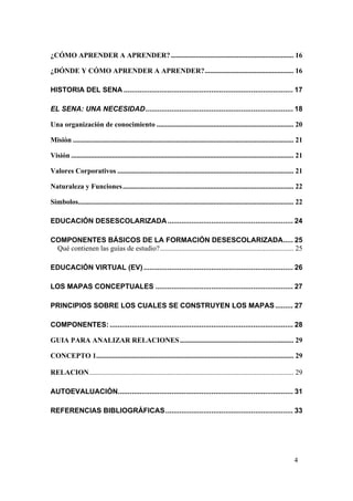 ¿CÓMO APRENDER A APRENDER? ..................................................................... 16

¿DÓNDE Y CÓMO APRENDER A APRENDER?.................................................. 16

HISTORIA DEL SENA ..................................................................................... 17

EL SENA: UNA NECESIDAD.......................................................................... 18

Una organización de conocimiento ............................................................................. 20

Misión ............................................................................................................................ 21

Visión ............................................................................................................................. 21

Valores Corporativos ................................................................................................... 21

Naturaleza y Funciones ................................................................................................ 22

Símbolos......................................................................................................................... 22

EDUCACIÓN DESESCOLARIZADA ............................................................... 24

COMPONENTES BÁSICOS DE LA FORMACIÓN DESESCOLARIZADA..... 25
 Qué contienen las guías de estudio?........................................................................... 25

EDUCACIÓN VIRTUAL (EV) ........................................................................... 26

LOS MAPAS CONCEPTUALES ..................................................................... 27

PRINCIPIOS SOBRE LOS CUALES SE CONSTRUYEN LOS MAPAS ......... 27

COMPONENTES: ............................................................................................ 28

GUIA PARA ANALIZAR RELACIONES ................................................................ 29

CONCEPTO 1............................................................................................................... 29

RELACION................................................................................................................... 29

AUTOEVALUACIÓN........................................................................................ 31

REFERENCIAS BIBLIOGRÁFICAS ................................................................ 33




                                                                                                                                  4
 