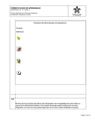 FORMATO GUÍAS DE APRENDIZAJE
F08-9543-004 / 07 - 10 Versión 3

Proceso: Ejecución de la Formación Profesional
Procedimiento: Desarrollo Curricular




                                        Símbolos del Administrador de dispositivos


         Simbolo

         Definicion




 4.9

        Muchos de los circuitos del interior del computador son susceptibles de sufrir daños a
        causa de la electricidad estática. Una simple descarga puede inutilizar los circuitos
        integrados, lo cual a su vez puede repercutir en un mal y hasta inhabilitar el equipo.



                                                                                                 Página 11 de 19
 