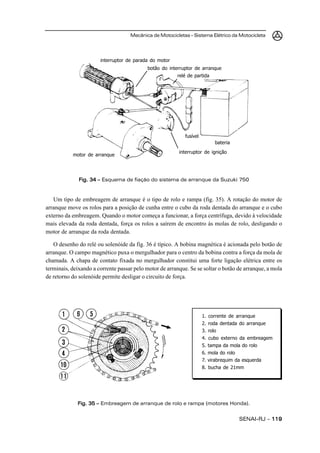 Mecânica de Motocicletas – Sistema Elétrico da Motocicleta




                       interruptor de parada do motor
                                           botão do interruptor de arranque
                                                        relé de partida




                                                            fusível
                                                                            bateria
                                                         interruptor de ignição
           motor de arranque




              Fig. 34 – Esquema de fiação do sistema de arranque da Suzuki 750


   Um tipo de embreagem de arranque é o tipo de rolo e rampa (fig. 35). A rotação do motor de
arranque move os rolos para a posição de cunha entre o cubo da roda dentada do arranque e o cubo
externo da embreagem. Quando o motor começa a funcionar, a força centrífuga, devido à velocidade
mais elevada da roda dentada, força os rolos a saírem de encontro às molas de rolo, desligando o
motor de arranque da roda dentada.

   O desenho do relé ou solenóide da fig. 36 é típico. A bobina magnética é acionada pelo botão de
arranque. O campo magnético puxa o mergulhador para o centro da bobina contra a força da mola de
chamada. A chapa de contato fixada no mergulhador constitui uma forte ligação elétrica entre os
terminais, deixando a corrente passar pelo motor de arranque. Se se soltar o botão de arranque, a mola
de retorno do solenóide permite desligar o circuito de força.




                                                                      1. corrente de arranque
                                                                      2. roda dentada do arranque
                                                                      3. rolo
                                                                      4. cubo externo da embreagem
                                                                      5. tampa da mola do rolo
                                                                      6. mola do rolo
                                                                      7. virabrequim da esquerda
                                                                      8. bucha de 21mm




             Fig. 35 – Embreagem de arranque de rolo e rampa (motores Honda).


                                                                                        SENAI-RJ – 119
 