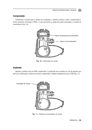 Mecânica de Motocicletas – Motores



Compressão
   Transferida a mistura para a câmara de combustão, o êmbolo começa a subir, comprimindo-a.
Neste momento, ele atinge o PMS, e a sua saia fecha as saídas dos gases queimados e a janela de
transferência (fig. 10).




                                                         mistura comprimida de ar/combustível



                                                                 mistura de ar/combustível




                                Fig. 10 – Admissão do cárter



Explosão
   Quando o êmbolo está em PMS comprimido, é produzida uma centelha na vela de ignição que
provoca a inflamação violenta da mistura, empurrando o êmbolo rapidamente para o PMI (fig. 11).




    combustão da mistura




                           Fig. 11 – Potência-compressão do cárter



                                                                                SENAI-RJ – 39
 