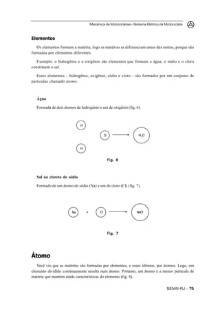 Mecânica de Motocicletas – Sistema Elétrico da Motocicleta



Elementos
   Os elementos formam a matéria, logo as matérias se diferenciam umas das outras, porque são
formadas por elementos diferentes.

   Exemplo: o hidrogênio e o oxigênio são elementos que formam a água; o sódio e o cloro
constituem o sal.

   Esses elementos – hidrogênio, oxigênio, sódio e cloro – são formados por um conjunto de
partículas chamado átomo.



  Água

  Formada de dois átomos de hidrogênio e um de oxigênio (fig. 6).



                            H

                                               O                  H 2O


                            H


                                                   Fig. 6



  Sal ou cloreto de sódio

  Formado de um átomo de sódio (Na) e um de cloro (Cl) (fig. 7).




                       Na       +         Cl                     NaCl




                                                   Fig. 7




Átomo
   Você viu que as matérias são formadas por elementos, e esses últimos, por átomos. Logo, um
elemento dividido continuamente resulta num átomo. Portanto, um átomo é a menor partícula de
matéria que mantém ainda características do elemento (fig. 8).

                                                                                    SENAI-RJ – 75
 