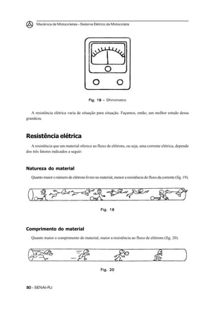 Mecânica de Motocicletas – Sistema Elétrico da Motocicleta




                                         Fig. 18 – Ohmímetro


   A resistência elétrica varia de situação para situação. Façamos, então, um melhor estudo dessa
grandeza.



Resistência elétrica
   A resistência que um material oferece ao fluxo de elétrons, ou seja, uma corrente elétrica, depende
dos três fatores indicados a seguir:



Natureza do material
   Quanto maior o número de elétrons livres no material, menor a resistência do fluxo da corrente (fig. 19).




                                                 Fig. 19




Comprimento do material
   Quanto maior o comprimento do material, maior a resistência ao fluxo de elétrons (fig. 20).




                                                 Fig. 20




80 – SENAI-RJ
 