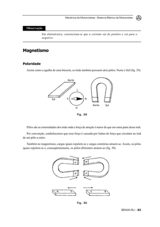 Mecânica de Motocicletas – Sistema Elétrico da Motocicleta



   Observação

                Em eletrotécnica, convenciona-se que a corrente sai do positivo e vai para o
                negativo.



Magnetismo


Polaridade
   Assim como a agulha de uma bússola, os ímãs também possuem dois pólos: Norte e Sul (fig. 29).


                                      Norte



                                                 L


                        Sul          S                N

                                                               Norte   Sul
                                              O

                                                 Fig. 29



   Pólos são as extremidades dos ímãs onde a força de atração é maior do que em outra parte desse ímã.

   Por convenção, estabelecemos que essa força é causada por linhas de força que circulam no ímã
de um pólo a outro.

   Também no magnetismo, cargas iguais repelem-se e cargas contrárias atraem-se. Assim, os pólos
iguais repelem-se e, conseqüentemente, os pólos diferentes atraem-se (fig. 30).
                                                      N
                                             S



                                                      S
                                             N




                              N          S                 S           N



                                                 Fig. 30

                                                                                    SENAI-RJ – 83
 