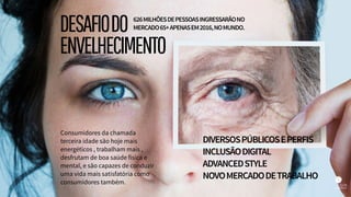 Consumidores da chamada
terceira idade são hoje mais
energéticos , trabalham mais ,
desfrutam de boa saúde física e
mental, e são capazes de conduzir
uma vida mais satisfatória como
consumidores também.
DIVERSOSPÚBLICOSEPERFIS
INCLUSÃODIGITAL
ADVANCEDSTYLE
NOVOMERCADODETRABALHO
626MILHÕESDEPESSOASINGRESSARÃONO
MERCADO65+APENASEM2016,NOMUNDO.DESAFIODO
ENVELHECIMENTO
 