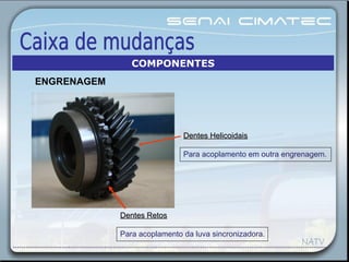 Dentes HelicoidaisDentes Helicoidais
Para acoplamento em outra engrenagem.
Dentes RetosDentes Retos
Para acoplamento da luva sincronizadora.
COMPONENTES
ENGRENAGEM
 