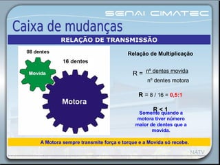 A Motora sempre transmite força e torque e a Movida só recebe.
Relação de Multiplicação
R = nº dentes movida
nº dentes motora
R = 8 / 16 = 0,5:1
R < 1
Somente quando a
motora tiver número
maior de dentes que a
movida.
RELAÇÃO DE TRANSMISSÃO
 