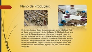 Plano de Produção:
Os fornecedores da Cacau Show concentram-se no Estado do Pará,
da Bahia, assim como no interior do Estado de São Paulo. Inicia-se o
processo de fabricação quando é fornecida a pasta de cacau, em
seguida a mistura, que se denomina de pasta de chocolate, passa
para uma refinadora que através da pressão de cilindros de aço, dão
um último retoque às partículas de cacau e açúcar. A manteiga de
cacau, considerada o subproduto mais nobre da prensagem, tem
uma tonalidade amarelo/clara, e possui um odor comparável ao
chocolate.
 