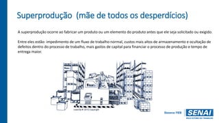 Superprodução (mãe de todos os desperdícios)
A superprodução ocorre ao fabricar um produto ou um elemento do produto antes que ele seja solicitado ou exigido.
Entre eles estão: impedimento de um fluxo de trabalho normal, custos mais altos de armazenamento e ocultação de
defeitos dentro do processo de trabalho, mais gastos de capital para financiar o processo de produção e tempo de
entrega maior.
 