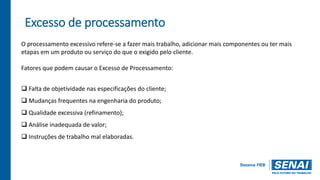 Excesso de processamento
O processamento excessivo refere-se a fazer mais trabalho, adicionar mais componentes ou ter mais
etapas em um produto ou serviço do que o exigido pelo cliente.
Fatores que podem causar o Excesso de Processamento:
 Falta de objetividade nas especificações do cliente;
 Mudanças frequentes na engenharia do produto;
 Qualidade excessiva (refinamento);
 Análise inadequada de valor;
 Instruções de trabalho mal elaboradas.
 