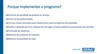 Porque implementar o programa?
Aumento da qualidade do produto ou serviço;
Aumento da produtividade;
Fornece a base necessária para implementar outros programas de qualidade;
Facilita a detecção de erros, objetos fora do lugar e outros problemas que precisam de atenção;
Prevenção de acidentes;
Melhoria do ambiente de trabalho;
Melhoria da qualidade de vida;
 