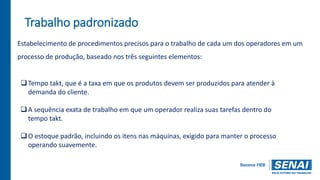 Trabalho padronizado
Estabelecimento de procedimentos precisos para o trabalho de cada um dos operadores em um
processo de produção, baseado nos três seguintes elementos:
Tempo takt, que é a taxa em que os produtos devem ser produzidos para atender à
demanda do cliente.
A sequência exata de trabalho em que um operador realiza suas tarefas dentro do
tempo takt.
O estoque padrão, incluindo os itens nas máquinas, exigido para manter o processo
operando suavemente.
 