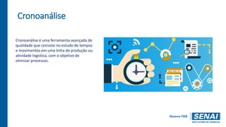 Cronoanálise
Cronoanálise é uma ferramenta avançada de
qualidade que consiste no estudo de tempos
e movimentos em uma linha de produção ou
atividade logística, com o objetivo de
otimizar processos.
 