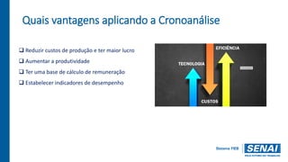 Quais vantagens aplicando a Cronoanálise
 Reduzir custos de produção e ter maior lucro
 Aumentar a produtividade
 Ter uma base de cálculo de remuneração
 Estabelecer indicadores de desempenho
 