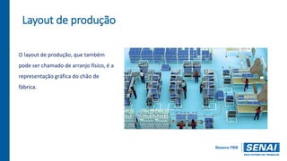 Layout de produção
O layout de produção, que também
pode ser chamado de arranjo físico, é a
representação gráfica do chão de
fábrica.
 