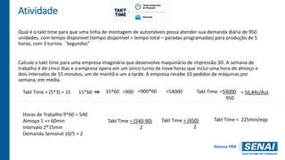 Atividade
Qual é o takt time para que uma linha de montagem de automóveis possa atender sua demanda diária de 950
unidades, com tempo disponível (tempo disponível = tempo total – paradas programadas) para produção de 5
horas, com 3 turnos. ¨Segundos”
Calcule o takt time para uma empresa imaginária que desenvolve maquinário de impressão 3D. A semana de
trabalho é de cinco dias e a empresa opera em um único turno de nove horas que inclui uma hora de almoço e
dois intervalos de 15 minutos, um de manhã e um a tarde. A empresa recebe 10 pedidos de máquinas por
semana, em média.
Takt Time = (5*3) = 15 15*60 15*60 =900 =900*60 =54000 =54000
950
Takt Time = 56,84s/Aut
Horas de Trabalho 9*60 = 540
Almoço 1 => 60min
Intervalo 2*15min
Demanda Semanal 10/5 = 2
Takt Time = (540-90)
2
Takt Time = (450)
2
Takt Time = 225min/eqp
 