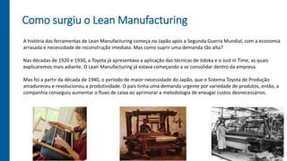 Como surgiu o Lean Manufacturing
A história das ferramentas de Lean Manufacturing começa no Japão após a Segunda Guerra Mundial, com a economia
arrasada e necessidade de reconstrução imediata. Mas como suprir uma demanda tão alta?
Nas décadas de 1920 e 1930, a Toyota já apresentava a aplicação das técnicas de Jidoka e o Just in Time, as quais
explicaremos mais adiante. O Lean Manufacturing já estava começando a se consolidar dentro da empresa.
Mas foi a partir da década de 1940, o período de maior necessidade do Japão, que o Sistema Toyota de Produção
amadureceu e revolucionou a produtividade. O país tinha uma demanda urgente por variedade de produtos, então, a
companhia conseguiu aumentar o fluxo de caixa ao aprimorar a metodologia de enxugar custos desnecessários.
 