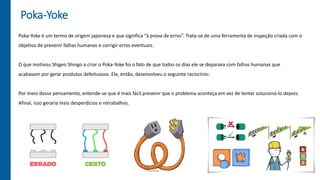Poka-Yoke
Poka-Yoke é um termo de origem japonesa e que significa “à prova de erros”. Trata-se de uma ferramenta de inspeção criada com o
objetivo de prevenir falhas humanas e corrigir erros eventuais.
O que motivou Shigeo Shingo a criar o Poka-Yoke foi o fato de que todos os dias ele se deparava com falhas humanas que
acabavam por gerar produtos defeituosos. Ele, então, desenvolveu o seguinte raciocínio:
Por meio desse pensamento, entende-se que é mais fácil prevenir que o problema aconteça em vez de tentar solucioná-lo depois.
Afinal, isso geraria mais desperdícios e retrabalhos.
 