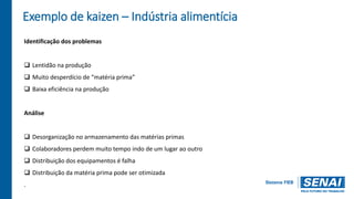 Exemplo de kaizen – Indústria alimentícia
Identificação dos problemas
 Lentidão na produção
 Muito desperdício de “matéria prima”
 Baixa eficiência na produção
Análise
 Desorganização no armazenamento das matérias primas
 Colaboradores perdem muito tempo indo de um lugar ao outro
 Distribuição dos equipamentos é falha
 Distribuição da matéria prima pode ser otimizada
.
 
