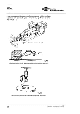 Espírito Santo
___________________________________________________________________________________________________
___________________________________________________________________________________________________
CST
120 Companhia Siderúrgica de Tubarão
Para medidas de distâncias entre furos e rasgos, existem relógios
especiais com pontas longas e reversíveis, ajustáveis a vários
ângulos (fig.12).
Fig.13
Relógio indicador universal fazendo a medição do paralelismo de um furo
Fig.14
Relógio indicador universal fazendo a centralização de um furo
Fig.12 - Relógio indicador universal
 