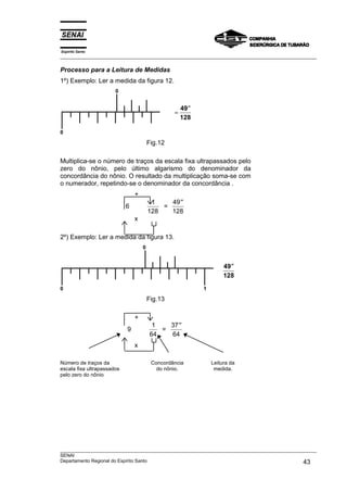 Espírito Santo
___________________________________________________________________________________________________
___________________________________________________________________________________________________
SENAI
Departamento Regional do Espírito Santo 43
Processo para a Leitura de Medidas
1º) Exemplo: Ler a medida da figura 12.
0
0
Fig.12
Multiplica-se o número de traços da escala fixa ultrapassados pelo
zero do nônio, pelo último algarismo do denominador da
concordância do nônio. O resultado da multiplicação soma-se com
o numerador, repetindo-se o denominador da concordância .
+
6
1
128
=
49
128
′′
x
2º) Exemplo: Ler a medida da figura 13.
0
0 1
Fig.13
+
9
1
64
=
37
64
′′
x
Número de traços da
escala fixa ultrapassados
pelo zero do nônio
Concordância
do nônio.
Leitura da
medida.
=
′′49
128
49
128
′′
 