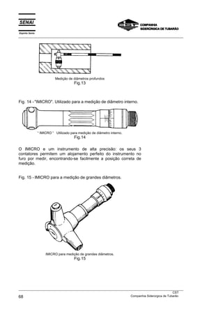 Espírito Santo
___________________________________________________________________________________________________
___________________________________________________________________________________________________
CST
68 Companhia Siderúrgica de Tubarão
Medição de diâmetros profundos
Fig.13
Fig. 14 - "IMICRO". Utilizado para a medição de diâmetro interno.
“ IMICRO “ Utilizado para medição de diâmetro interno.
Fig.14
O IMICRO e um instrumento de alta precisão: os seus 3
contatores permitem um alojamento perfeito do instrumento no
furo por medir, encontrando-se facilmente a posição correta de
medição.
Fig. 15 - IMICRO para a medição de grandes diâmetros.
IMICRO para medição de grandes diâmetros.
Fig.15
 