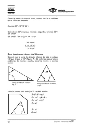 Espírito Santo
___________________________________________________________________________________________________
___________________________________________________________________________________________________
CST
92 Companhia Siderúrgica de Tubarão
Devemos operar da mesma forma, quando temos as unidades
graus, minutos e segundos.
Exemplo: 90º - 10º 15' 20" =
Convertendo 90º em graus, minutos e segundos, teremos: 90º =
89º 59' 60"
89º 59' 60" - 10º 15' 20" = 79º 44' 40"
89º 59’ 60”
- 10º 15’ 20”
79º 44’ 40”
Soma dos Ângulos Internos dos Triângulos
Sabendo que a soma dos ângulos internos de todo e qualquer
triângulo é igual a 180º (figuras 7 e 8), podemos resolver alguns
problemas de medição angular, conforme mostra o exemplo
abaixo.
Triângulo retângulo escaleno
Fig.7
Triângulo octângulo equilátero
Fig.8
Exemplo: Qual o valor do ângulo C
∧
da peça abaixo?
∃ ∃ ∃
∃ ( ∃ ∃)
∃
∃
A B C
C A B
C
C
O
O
O O
O
+ + =
= − + =
= −
=
180
180
180 130
50
∃
∃
A
B
O
O
=
=
70
60
 