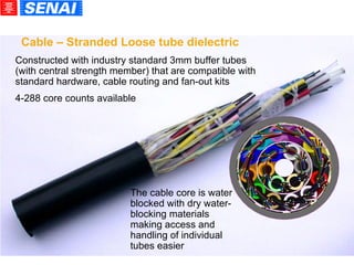 Constructed with industry standard 3mm buffer tubes (with central strength member) that are compatible with standard hardware, cable routing and fan-out kits 4-288 core counts available The cable core is water blocked with dry water-blocking materials making access and handling of individual tubes easier   Cable – Stranded Loose tube dielectric 