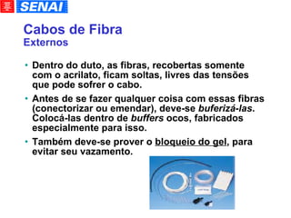 Cabos de Fibra Externos Dentro do duto, as fibras, recobertas somente com o acrilato, ficam soltas, livres das tensões que pode sofrer o cabo. Antes de se fazer qualquer coisa com essas fibras (conectorizar ou emendar), deve-se  buferizá-las . Colocá-las dentro de  buffers  ocos, fabricados especialmente para isso. Também deve-se prover o  bloqueio do gel , para evitar seu vazamento. 