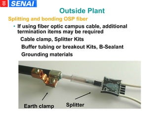 If using fiber optic campus cable, additional termination items may be required   Cable clamp, Splitter Kits Buffer tubing or breakout Kits, B-Sealant Grounding materials Earth clamp Splitter  Outside Plant Splitting and bonding OSP fiber 