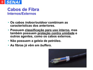 Cabos de Fibra Internos/Externos Os cabos  indoor/outdoor  combinam as características dos anteriores. Possuem  classificação para uso interno , mas também possuem  proteção contra umidade  e outros agentes, como os cabos externos. Não possuem a geleia de petróleo. As fibras já vêm em  buffers . 
