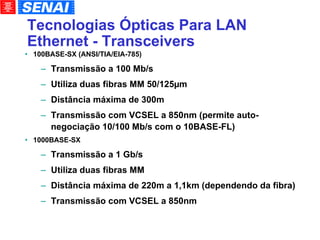 Tecnologias Ópticas Para LAN Ethernet - Transceivers 100BASE-SX (ANSI/TIA/EIA-785)‏ Transmissão a 100 Mb/s Utiliza duas fibras MM 50/125µm Distância máxima de 300m Transmissão com VCSEL a 850nm (permite auto-negociação 10/100 Mb/s com o 10BASE-FL)‏ 1000BASE-SX Transmissão a 1 Gb/s Utiliza duas fibras MM Distância máxima de 220m a 1,1km (dependendo da fibra)‏ Transmissão com VCSEL a 850nm 