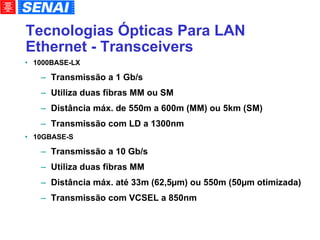 Tecnologias Ópticas Para LAN Ethernet - Transceivers 1000BASE-LX Transmissão a 1 Gb/s Utiliza duas fibras MM ou SM Distância máx. de 550m a 600m (MM) ou 5km (SM)‏ Transmissão com LD a 1300nm 10GBASE-S Transmissão a 10 Gb/s Utiliza duas fibras MM Distância máx. até 33m (62,5µm) ou 550m (50µm otimizada)‏ Transmissão com VCSEL a 850nm 