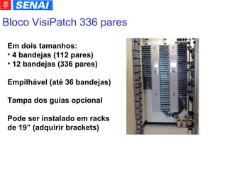 Bloco VisiPatch 336 pares   Em dois tamanhos: 4 bandejas (112 pares)‏ 12 bandejas (336 pares)‏ Empilhável (até 36 bandejas)‏ Tampa dos guias opcional Pode ser instalado em racks de 19” (adquirir brackets)‏ 