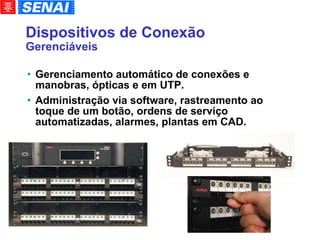 Dispositivos de Conexão Gerenciáveis Gerenciamento automático de conexões e manobras, ópticas e em UTP. Administração via software, rastreamento ao toque de um botão, ordens de serviço automatizadas, alarmes, plantas em CAD. 