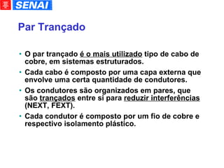 Par Trançado O par trançado  é o mais utilizado  tipo de cabo de cobre, em sistemas estruturados. Cada cabo é composto por uma capa externa que envolve uma certa quantidade de condutores. Os condutores são organizados em pares, que são  trançados  entre si para  reduzir interferências  (NEXT, FEXT). Cada condutor é composto por um fio de cobre e respectivo isolamento plástico. 