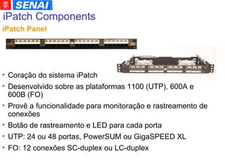 iPatch Components Coração do sistema iPatch Desenvolvido sobre as plataformas 1100 (UTP), 600A e 600B (FO)‏ Provê a funcionalidade para monitoração e rastreamento de conexões Botão de rastreamento e LED para cada porta UTP: 24 ou 48 portas, PowerSUM ou GigaSPEED XL FO: 12 conexões SC-duplex ou LC-duplex iPatch Panel 