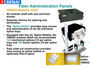 4U modular shelf with rear and front access Separate shelves for splicing and termination The  “Splice Wallet”  provides easy access and administration of six (6) individual splice trays  Equipped with two (2)  Splice Wallets, the 1000G2 modular Shelf can accommodate  144  mechanical splices (12 per splice tray) and  192  fusion splices (16 per splice tray)‏ Easy slide out construction provides  easy access to splice wallets or  optionally ROLO splice 1000G2 Modular shelf Splice-wallet 1000G2 Fiber Administration Panels 