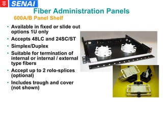 Available in fixed or slide out options 1U only Accepts 48LC and 24SC/ST Simplex/Duplex Suitable for termination of internal or internal / external type fibers Accept up to 2 rolo-splices (optional)‏ Includes trough and cover (not shown)‏ 600A/B Panel Shelf Fiber Administration Panels 
