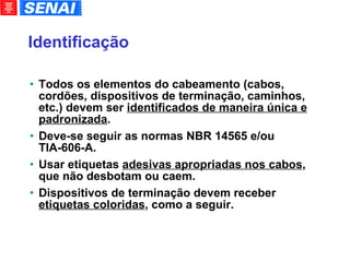 Identificação Todos os elementos do cabeamento (cabos, cordões, dispositivos de terminação, caminhos, etc.) devem ser  identificados de maneira única e padronizada . Deve-se seguir as normas NBR 14565 e/ou TIA-606-A. Usar etiquetas  adesivas apropriadas nos cabos , que não desbotam ou caem. Dispositivos de terminação devem receber  etiquetas coloridas , como a seguir. 