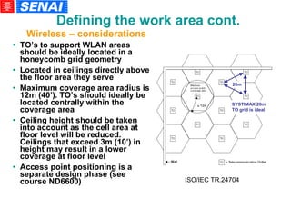 TO’s to support WLAN areas should be ideally located in a honeycomb grid geometry Located in ceilings directly above the floor area they serve Maximum coverage area radius is 12m (40’). TO’s should ideally be located centrally within the coverage area Ceiling height should be taken into account as the cell area at floor level will be reduced. Ceilings that exceed 3m (10’) in height may result in a lower coverage at floor level Access point positioning is a separate design phase (see course ND6600)‏ Defining the work area cont. Wireless – considerations 