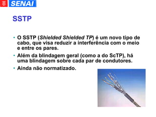 SSTP O SSTP ( Shielded Shielded TP ) é um novo tipo de cabo, que visa reduzir a interferência com o meio e entre os pares. Além da blindagem geral (como a do ScTP), há uma blindagem sobre cada par de condutores. Ainda não normatizado. 